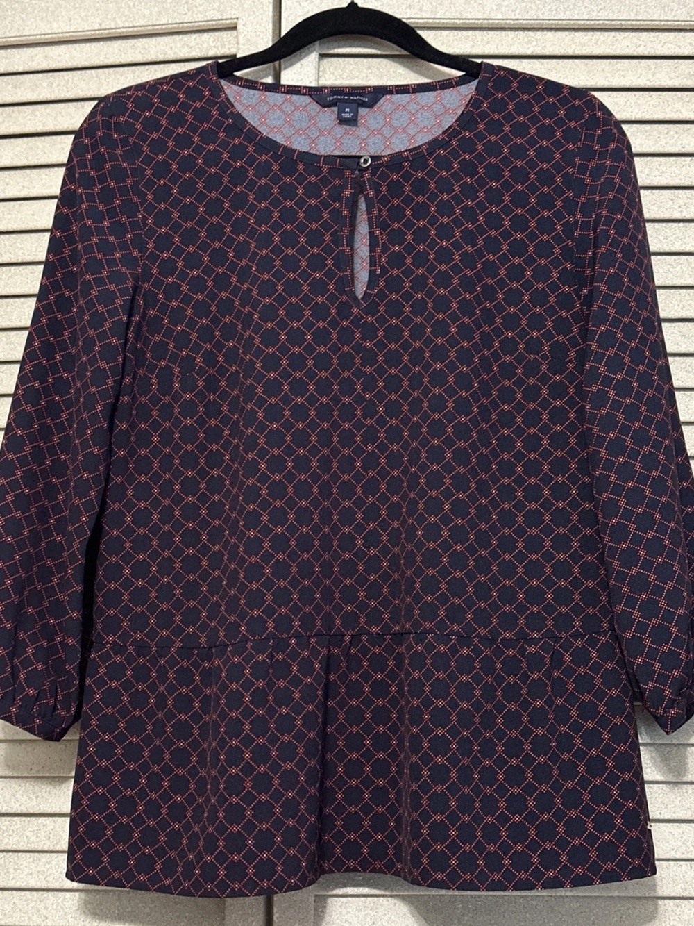Tommy Hilfiger Navy and Coral Geometric Peplum Blouse